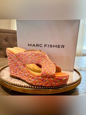 Marc Fisher KALISHA Raffia Wedge Sandals Pink Coral Multi | Sz. 6.5 ~ NWB